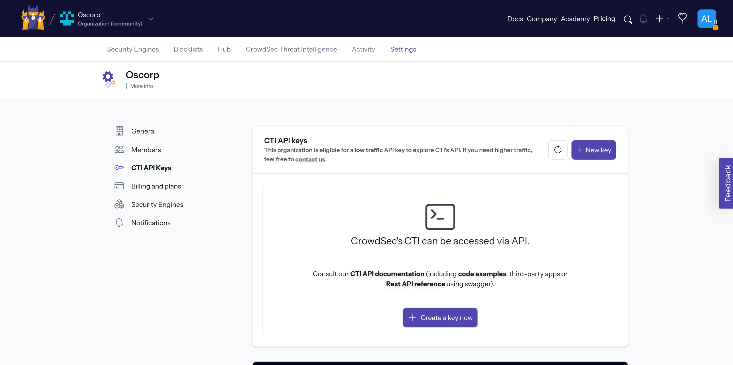 CrowdSec Create API Key Page